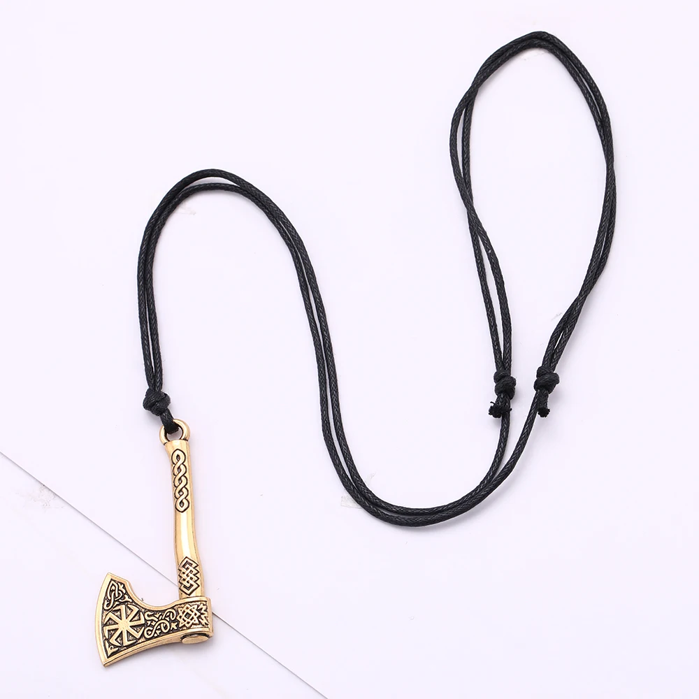 Fishhook Supernatural Viking Necklace Vicca Axe Amulet Gold color Scandinavian Wax String Chain Pendant Gift For Men Jewelry