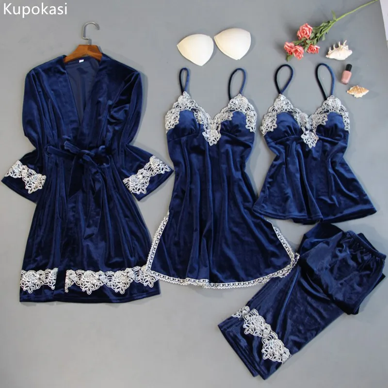 Kupokasi 4pcs Winter Gold Velvet Pajamas For Women Pyjamas Warm Sleepwear Pijama Mujer Sets  With Chest Pads Home Wear Robe