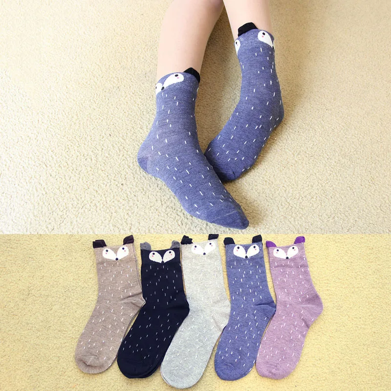 6 Pairs Women Socks Cute Girls Korean Short Socks Jacquard Snow Dots Three-dimensional Fox Art Cotton Socks Autumn Winter Meias