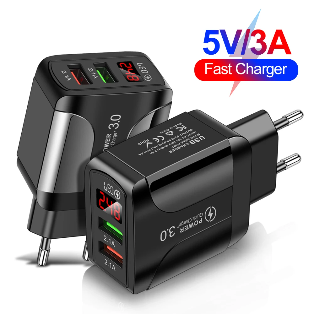 Universal Power Adapter Mobile Phone Charger 5V2.1A Quick Charge QC 3.0 Double Port USB Digital Display Fast Charging EU/US/UK