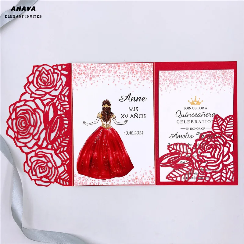 

Red wedding invitation with rings, tri fold wedding invitation, Quinceanera floral pocket envelope