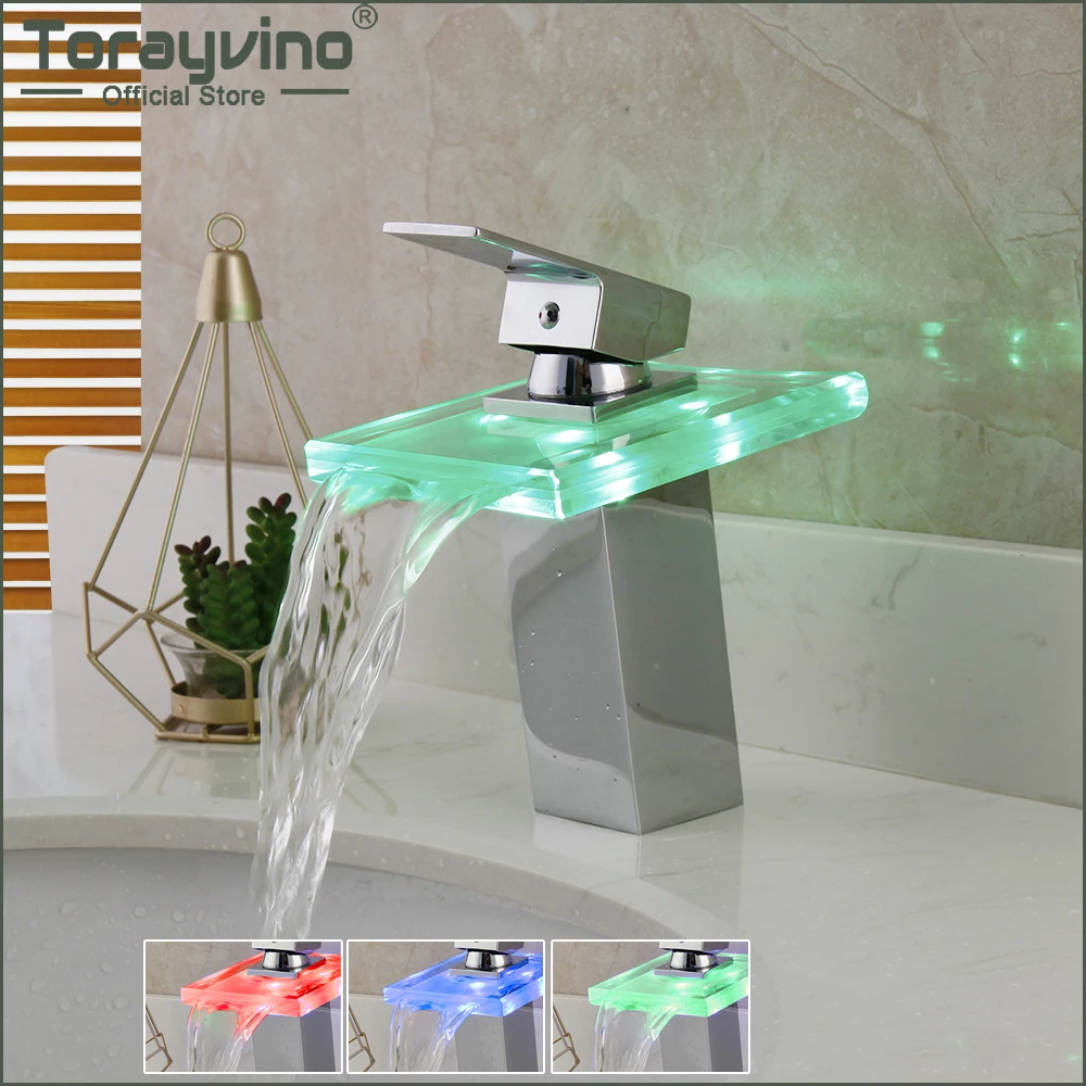 

Torayvino LED Light Bathroom Faucet Chrome Polished Waterfall Spout Faucets Deck Mounted Washbasin Sink Cold And Hot Mixer Tap