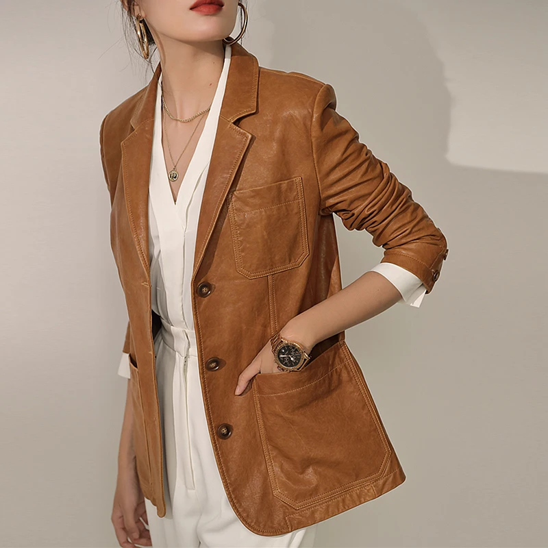 100% Sheepskin Blazer Leather Coat Casual Style Turn Down Neck Long Sleeves Solid Pocket Jacket Classic Design New Fashion