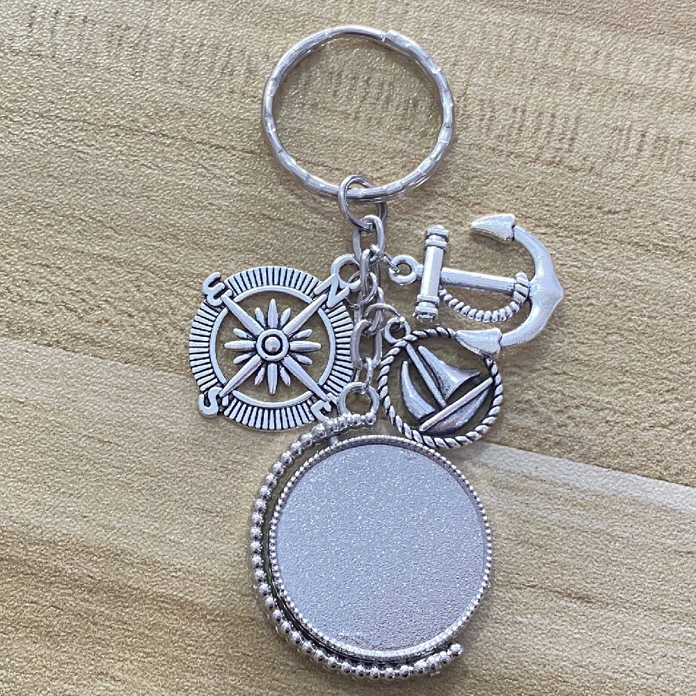 1piece Rotatable Fit 2Sides 25mm Family Photo Safe Wishes Sailor Keychain Seaman Sailboat Anchor Rudder Compass Diy Keyring