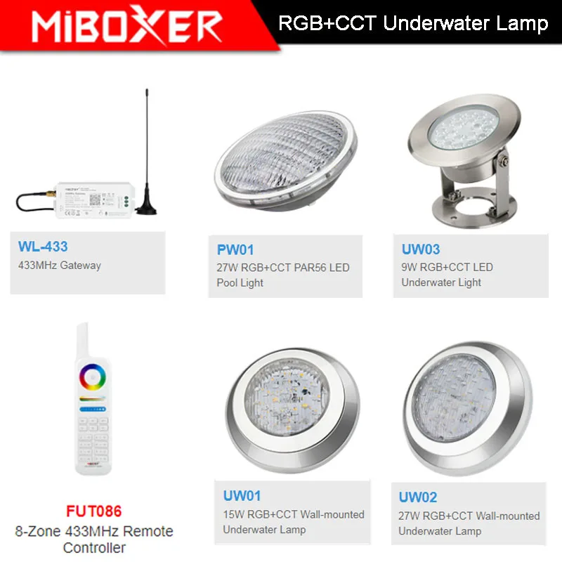 miboxer ac12 v embutido ip68 9w 15w 27w rgb mais cct lampada de parede 27w par56 luz de piscina led 433mhz gateway 01