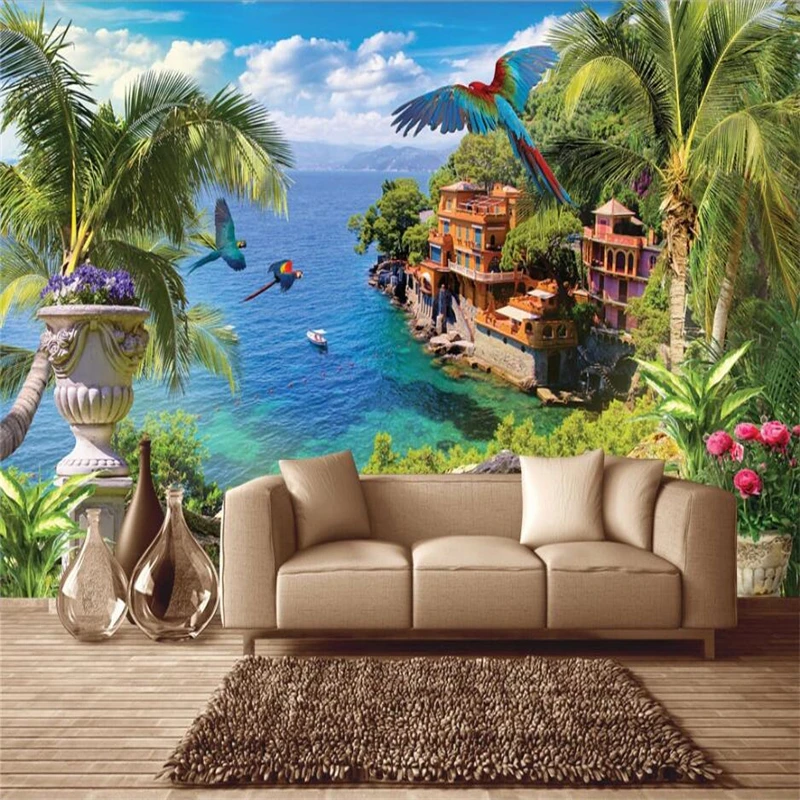 wellyu Custom 3d wallpaper azure coast coconut tree flowers flying birds mural TV background wall living room bedroom wall paper