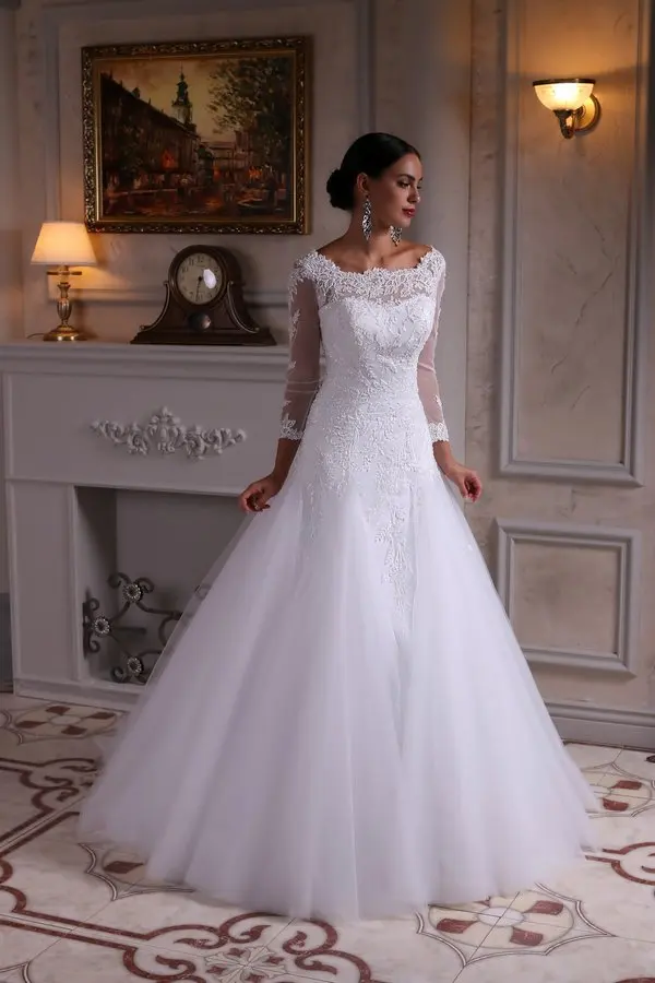 • Nuovo 2021 pizzo Tulle lungo A-line modesto 3/4 maniche fuori dalla spalla in rilievo Appliques abito da sposa su misura abiti da sposa