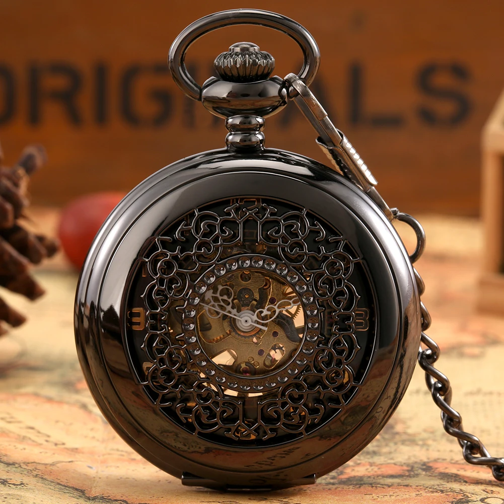 

Manual Mechanical Pocket Watch Elegant Black Hollow Carved Chic White Hands Digital Black Dial Durable Flip Case Collection Gift