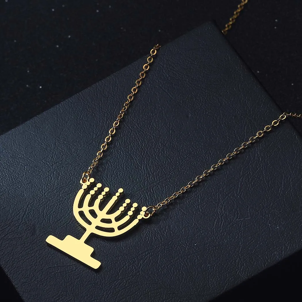 Hanukkah Lamp Candles Pendant Necklace Chanukah Menorah Shaped Stainless Steel Jewelry Candlestick Women Necklace