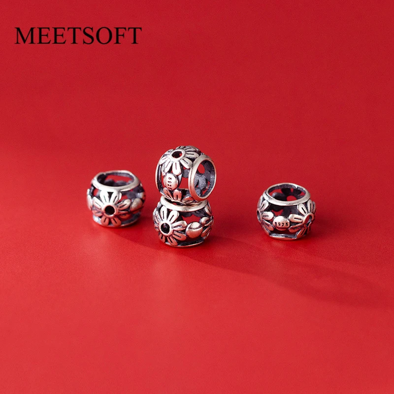 MEETSOFT Genuine 925 Silver Retro Hollow Flower Pattern Spacer Beads Charms of DIY Handmade Making Supplies Accessory Wholesale