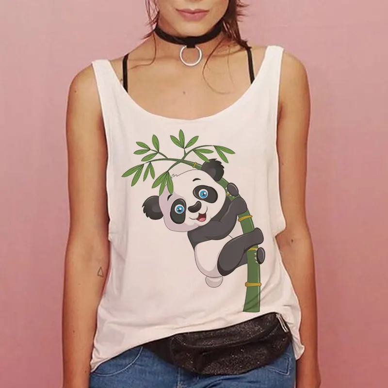 Verão moda feminina camisola sem mangas kawaii dos desenhos animados panda impressão colete casual cinza o-pescoço topos de tanque feminino roupas