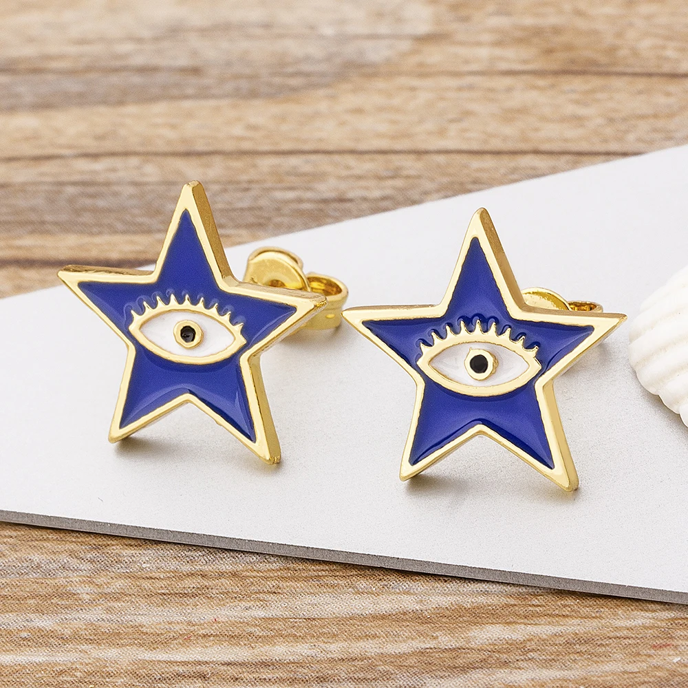 Hot Selling Red/Blue/Black Colors Star Shape Stud Earrings Shiny Copper Zircon Evil Eye Earring For Women Fashion Jewelry Gift