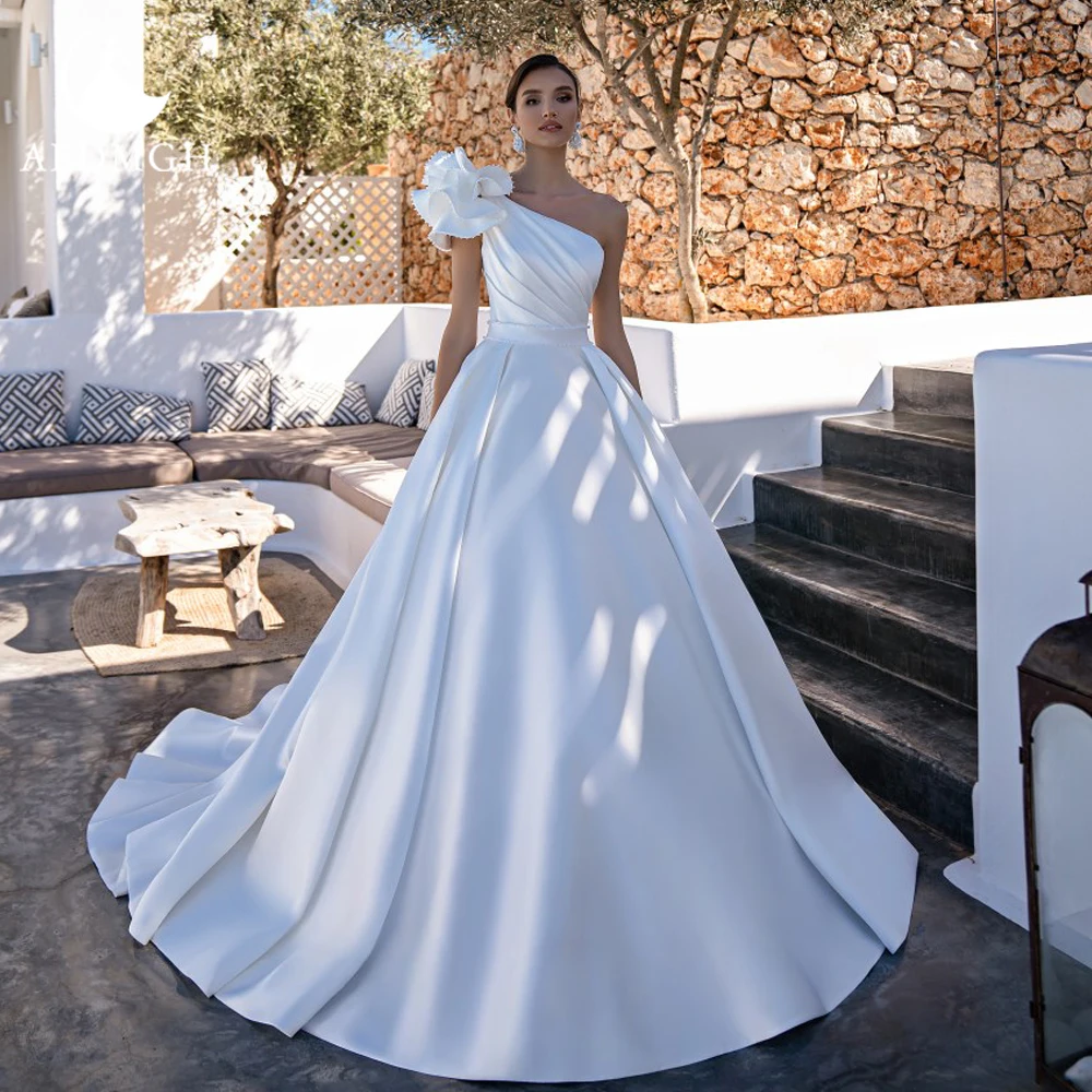 Aedmgh a-line abiti da sposa in raso opaco 2024 una spalla senza maniche Robe De Mariee eleganti fiori Boho Vestido De Novia