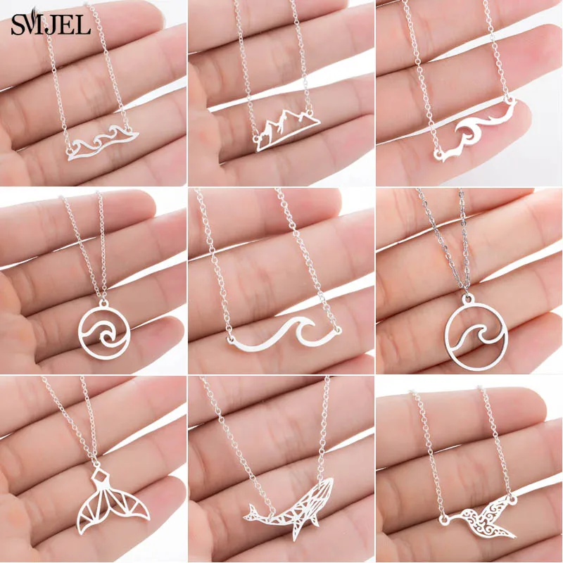 SMJEL Stainless Steel Pendant Necklace Wave Whale Bird Geometric Necklaces for Women Girls Surfing Jewelry Choker male naszyjnik