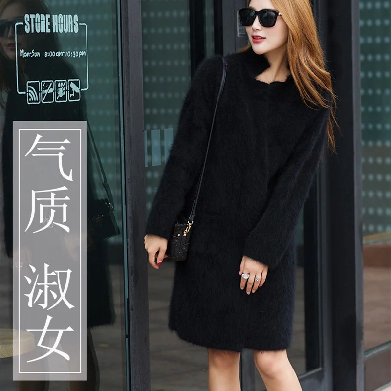 Autumn and winter new long hair mink fur coat double layer thickened cardigan coat women's slim sweater