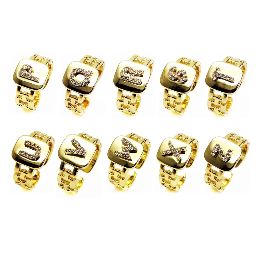 Opening adjustable ring 26 English letter rings watch strap style ring Copper Zircon Letter Rings for women Party Jewelry