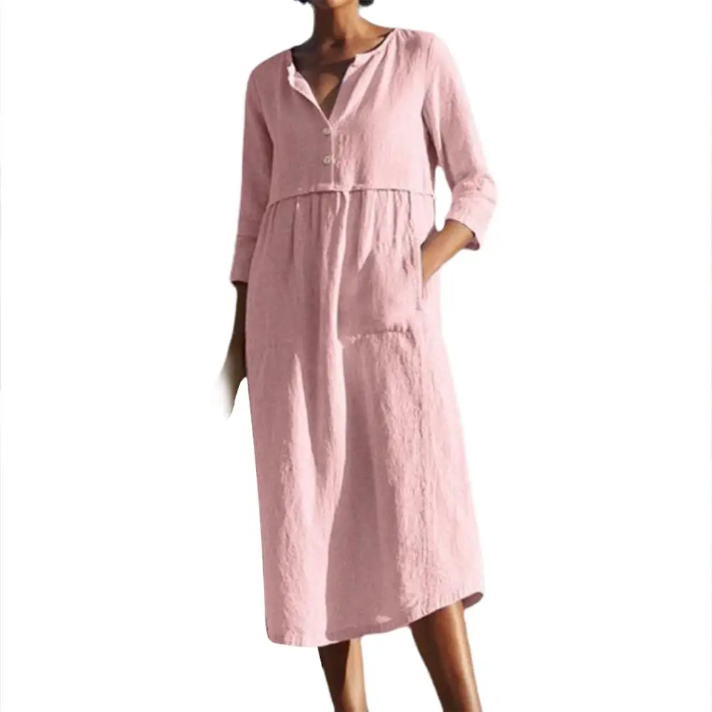 robe grande taille femme Robe mi-longue en coton et lin pour femmes, tenue décontractée, couleur unie, demi-manches, poches à boutons, ample, grande taille, été, 2021