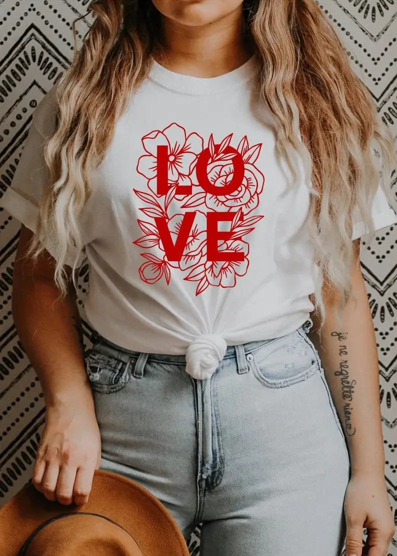 

LOVE Roses Rose Love Valentine's Day Retro Tshirt Funny Graphic O Neck Women Tshirts Cotton Casual Female Clothing Short Sleeve