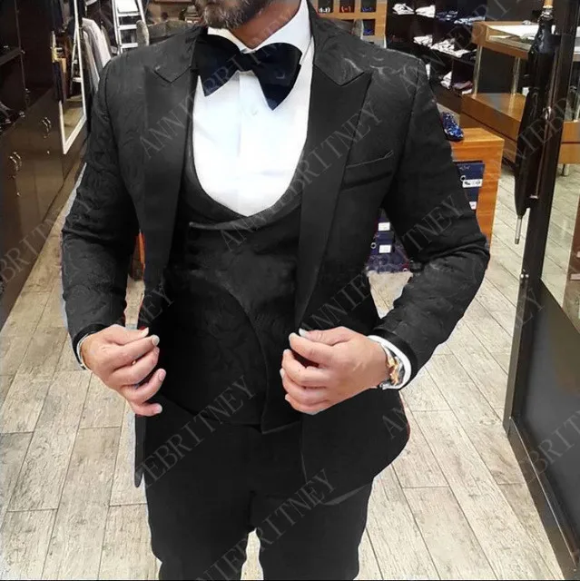 ANNIEBRITNEY Casual Fashion Black Jacquard Men's Suits Set Slim Fit Groom Tuxedo for Wedding Tailored Personal Size Blazer Pants