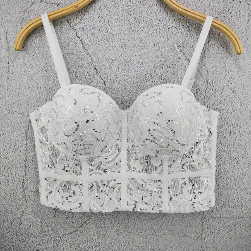 

Fashion Sequins Lace Push Up Bra Women's Corset Bustier Bra Night Club Party long sexy Cropped Top Vest p1631