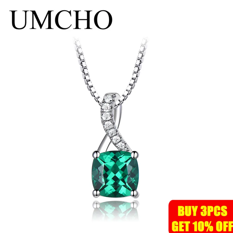 UMCHO Created Emerald Gemstone Pendants For Women Solid Genuine 925 Sterling Silver Solitaire Pendant Necklace Brand Jewelry New