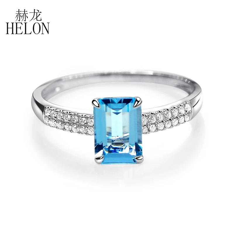 

HELON Solid 14K White Gold 6x8mm Emerald Cut Blue Topaz & Diamonds Engagement Ring For Women Birthday Anniversarry Best Gift