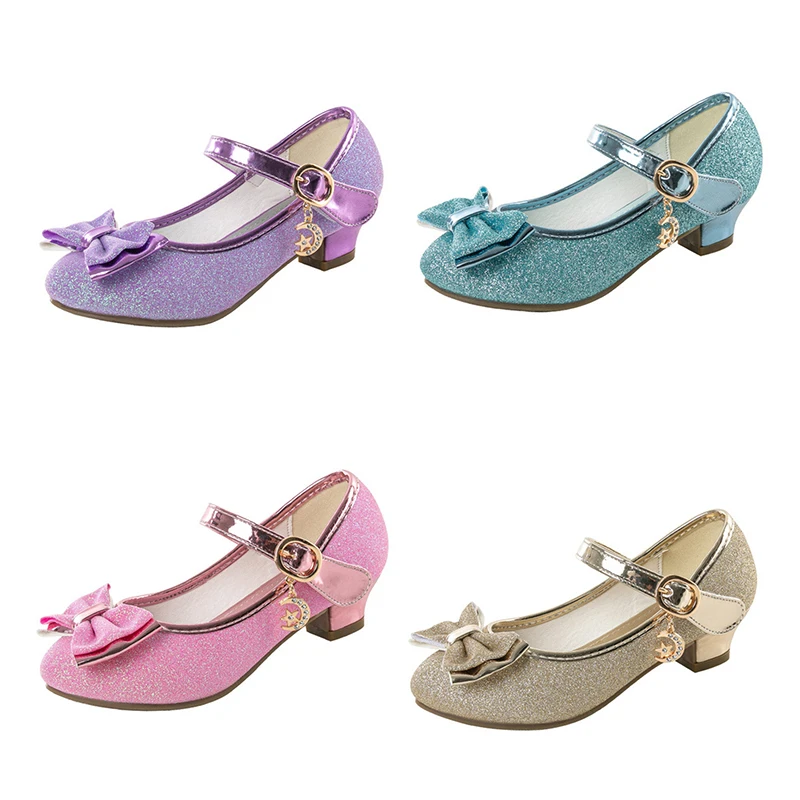 2022 Girl Princess Kids Leather Shoes For Girls Spring Autumn Children High Heel Glitter Girls Shoes Butterfly Knot Blue Pink