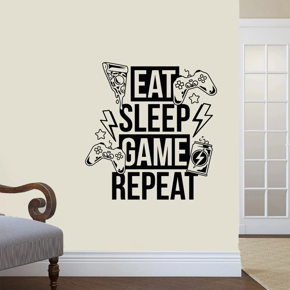 Vinyl Wall Decal Eat Sleep Game Repeat Video Games Joystick Gaming Room Stickers Mural