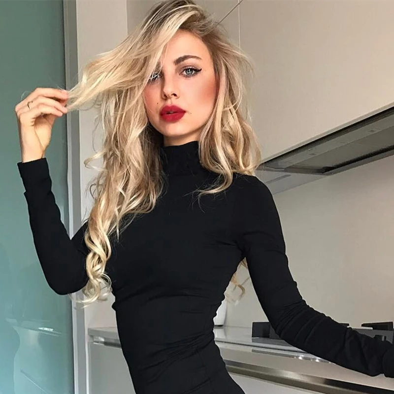 Women Black Long Sleeve Bodysuit Autumn Winter Turtleneck Bodysuits Womens Sexy Bodycon High Waist Romper Body Femee