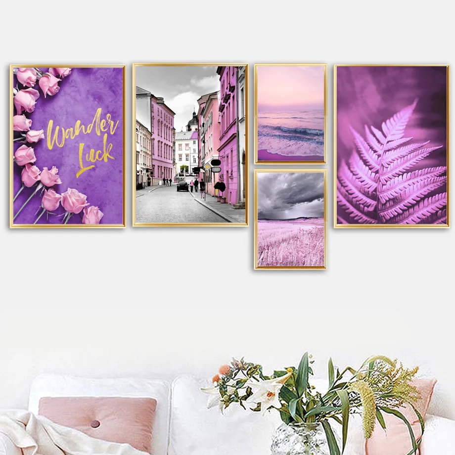 

Light Purple Flower Sea Grass Land London Wall Art Canvas Painting Nordic Posters And Prints Wall Pictures For Living Room Decor