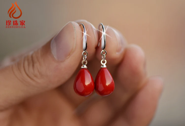 

S925 sterling silver pearl earrings Korean long red bridal earrings