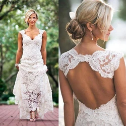 Customized Lace Bohemian Wedding Dresses V-neck Cap Sleeves Keyhole Back Vintage Bridal Gowns