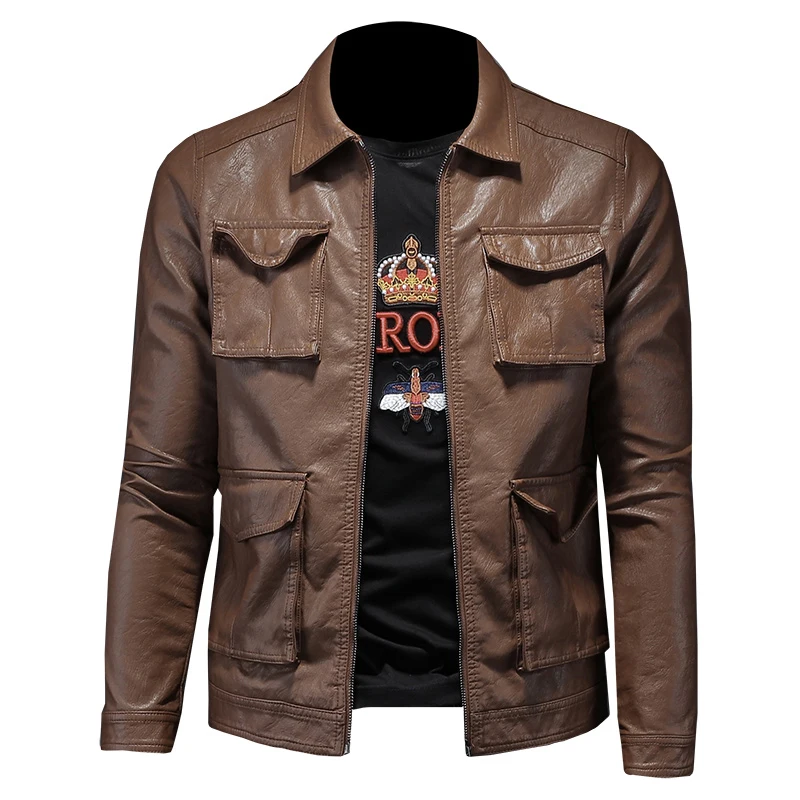 

2022 Leather Jacket Men Coat Brand Clothing Turndown Collar Zipper Multiple Pockets Slim PU Motorcycle Biker Black Brown Outwear