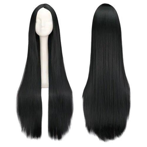Imagen 2 del producto Peluca negra de 100CM/40 pulgadas de largo, pelucas sintéticas resistentes al calor, disfraz de Carnaval de Halloween, pelo liso para Cosplay