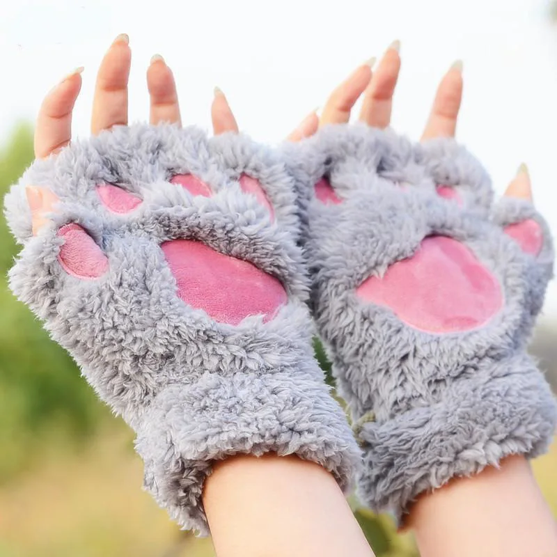 Women Plush Cat Paw Claw Gloves Faux Fur Winter Kitten Fingerless Mittens Gloves Cute Half Finger Gloves Costume Accessories