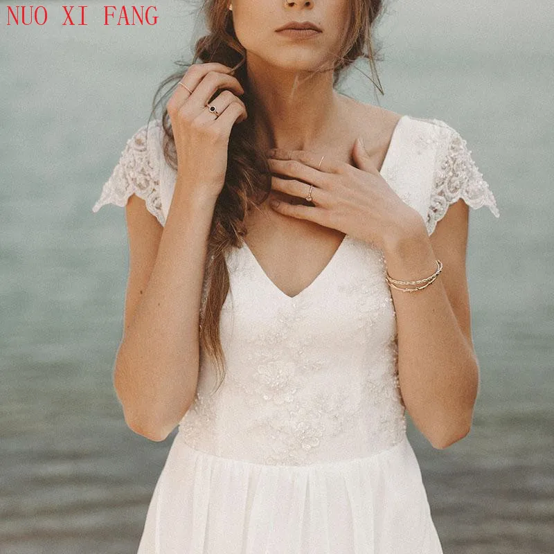 Vestidos de novia de playa baratos, gran oferta, cuello en V, manga casquillo, falda de gasa acampanada, Top de encaje, espalda abierta, vestidos de novia bohemios, 2022