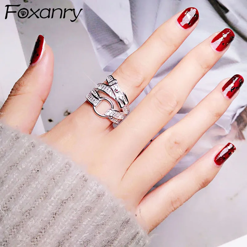 Foxanry Silver Color Sparkling Zircon Rings New Fashion Creative Belt Buckle Rings Wedding Bride Jewelry Gifts for Women