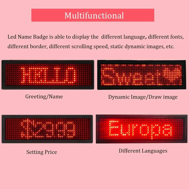 44*11 Red Scrolling Led Badge Rechargeable LED Business Card Screen with Magnet / LED Name Tag Rechargable programmable