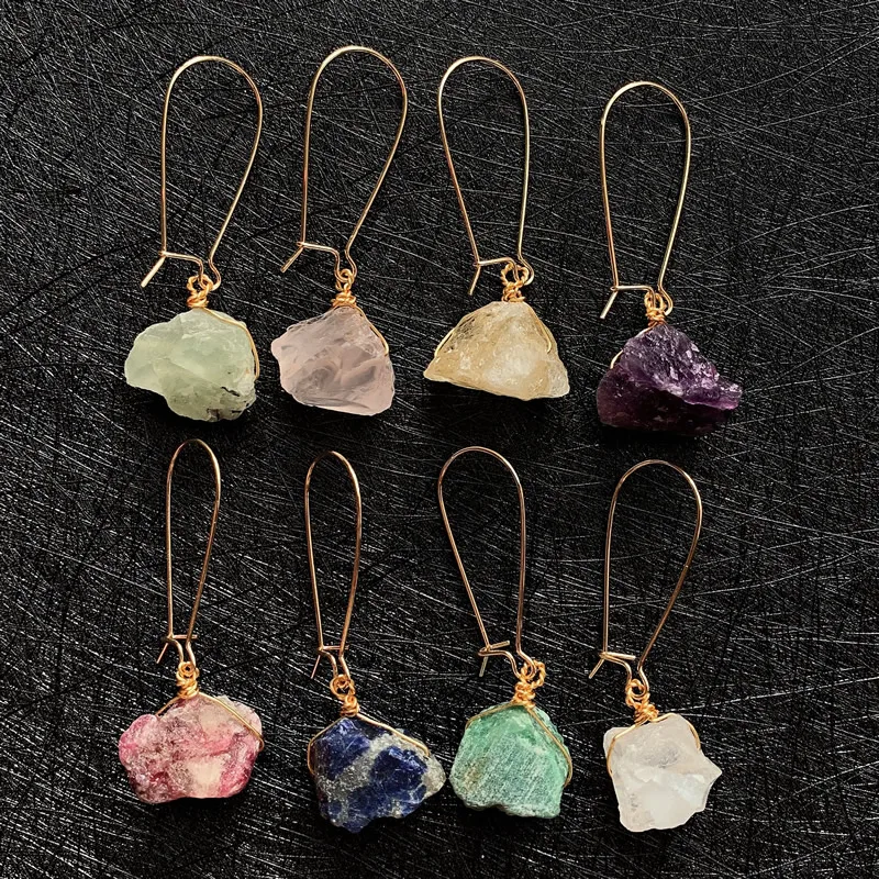 Raw Mineral Stone Rock Crystal Earrings Natural Amethysts Lapis Fluorite Citrines Amazonite Pink Quartz Dangle Earrings Healing