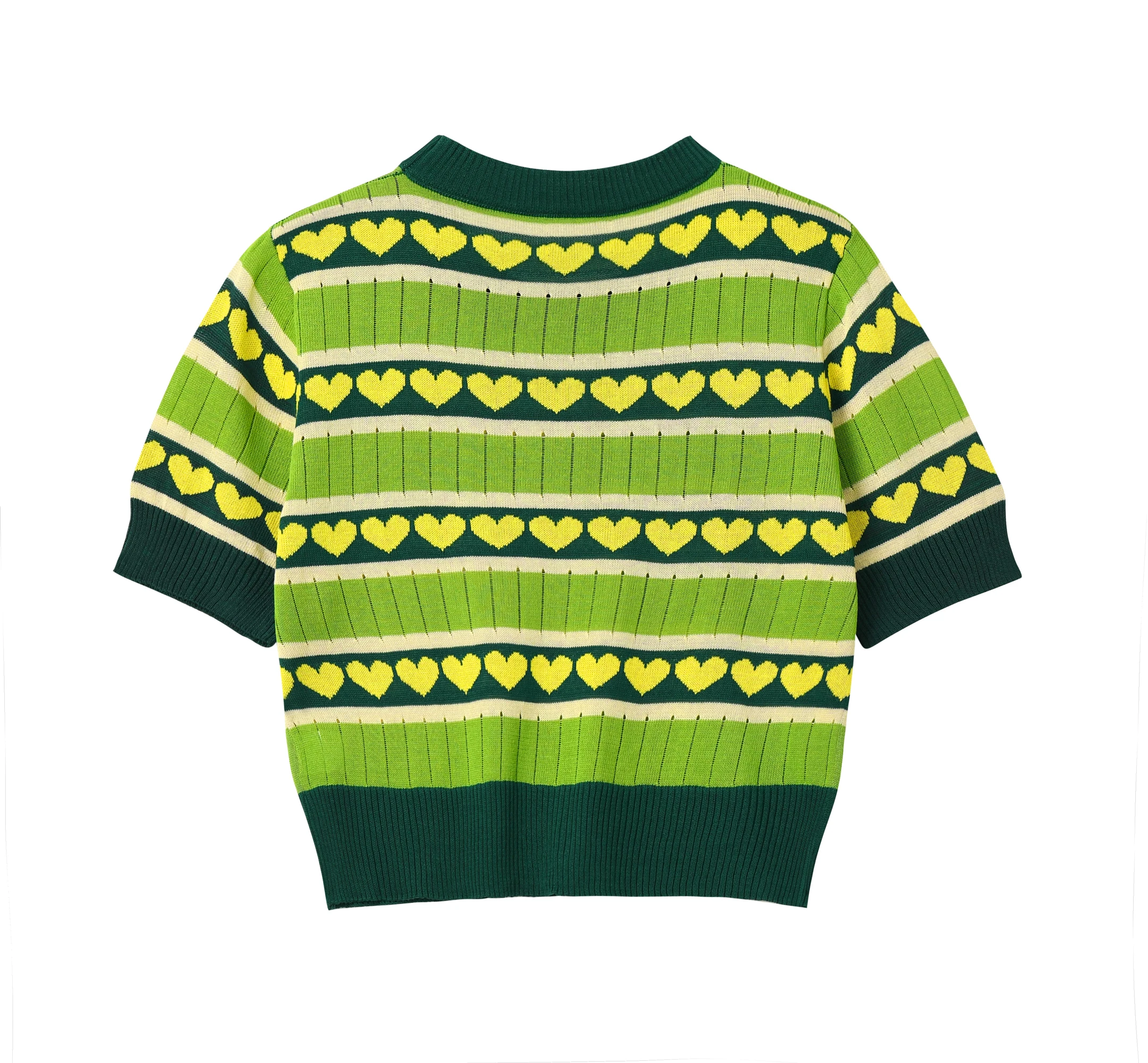 Makuluya Thin Sweet Cute Avocado Green Heart-Shaped Embroidered Pattern Short Sleeve Knitted Hollow Out Sweaters Pullover Tops L