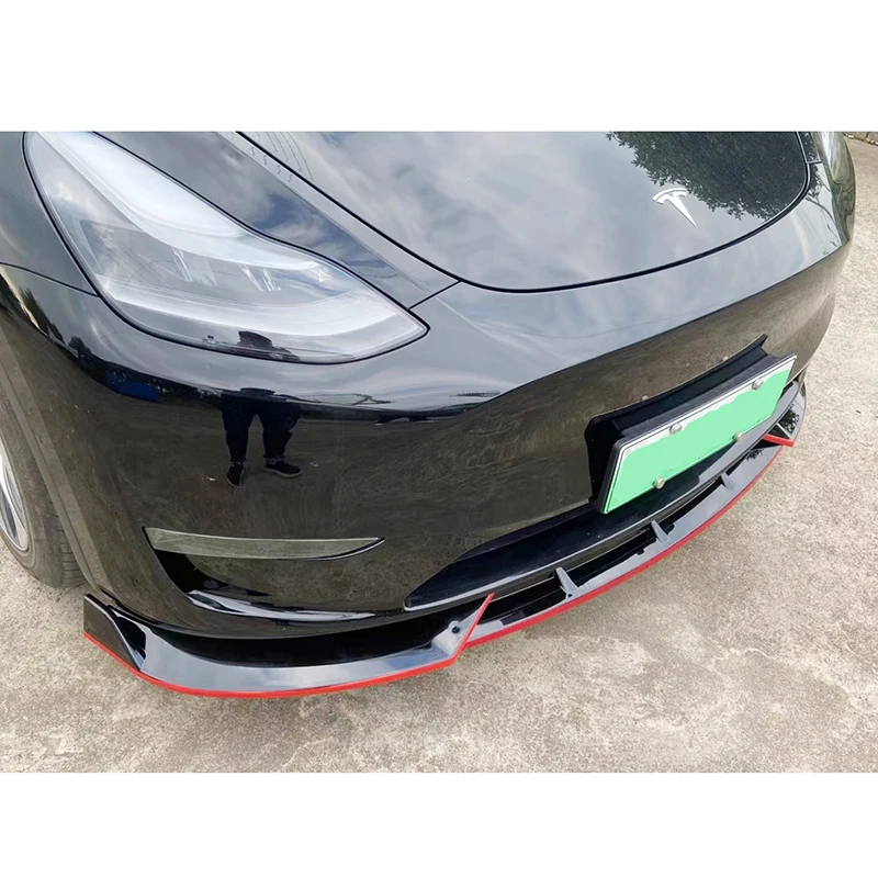 For Tesla Model Y Car Front Bumper Lip Automobile Skirt Protection Glossy Black With Red Edges ABS Feature Modified Accessories