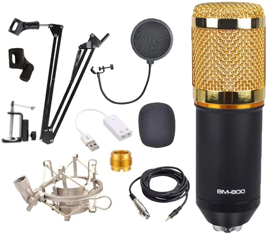 Condenser Microphone Bundle BM800 Mic Kit with Adjustable Mic Suspension Arm for Studio Recording Broadcasting (Black)