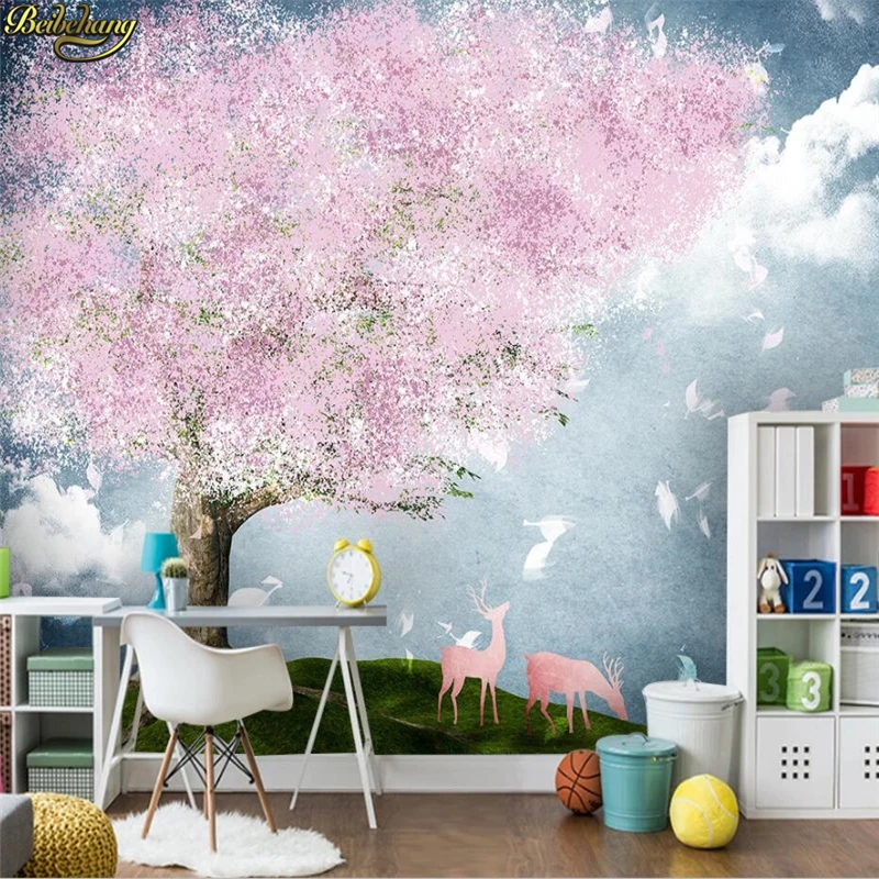 

beibehang Custom 3d wallpaper mural hand-painted pink flower elk artistic conception landscape TV sofa background wall paper