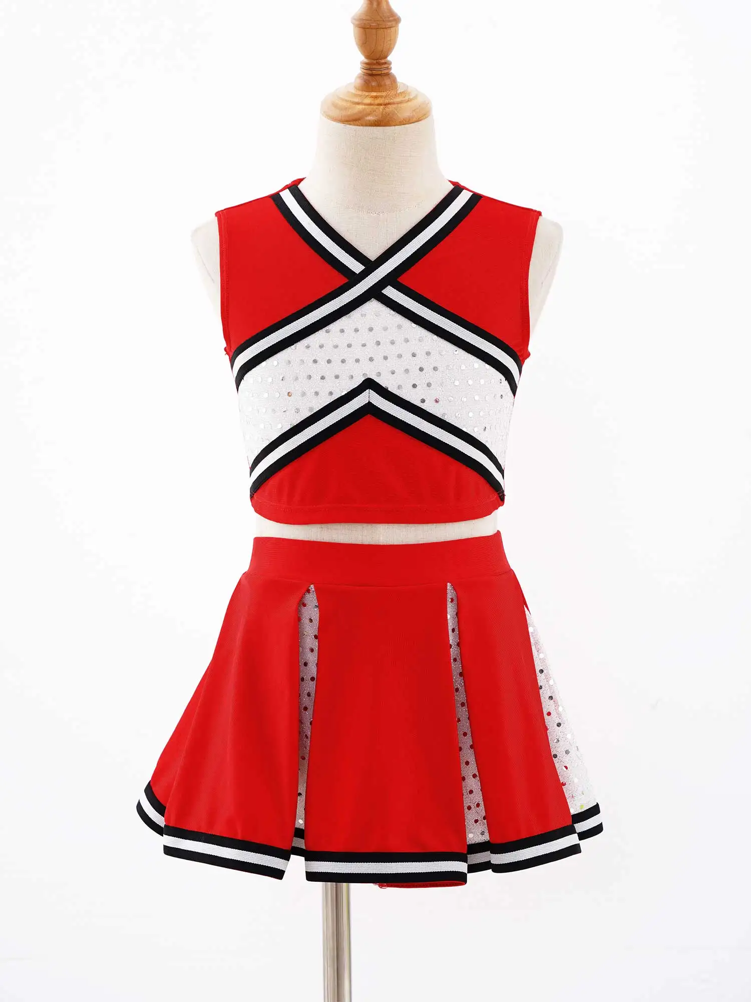 Kids Girls Cheerleading Suits Girls Dance Costumes Scrisscross Striped Top With Elastic Waistband Skirt Sequins Sport Outfit