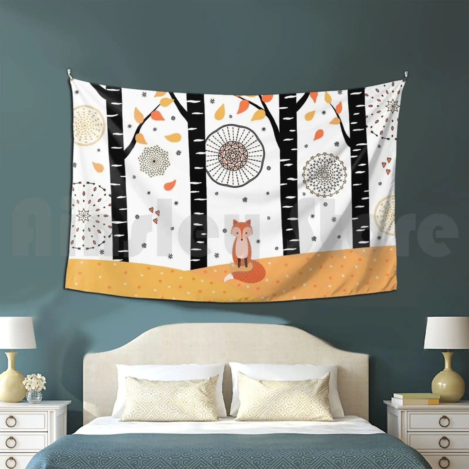 Fox-Birch Trees-Autumn Customized Tapestry Fox Fall Autumn White Black Orange Yellow Red Cool