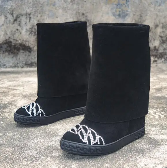 

Spring Girls Black Suede Diamond Bling Mid-calf Wedge Boots Woman Round Toe Crystal Front Fold 8 cm Height Increasing Shoes