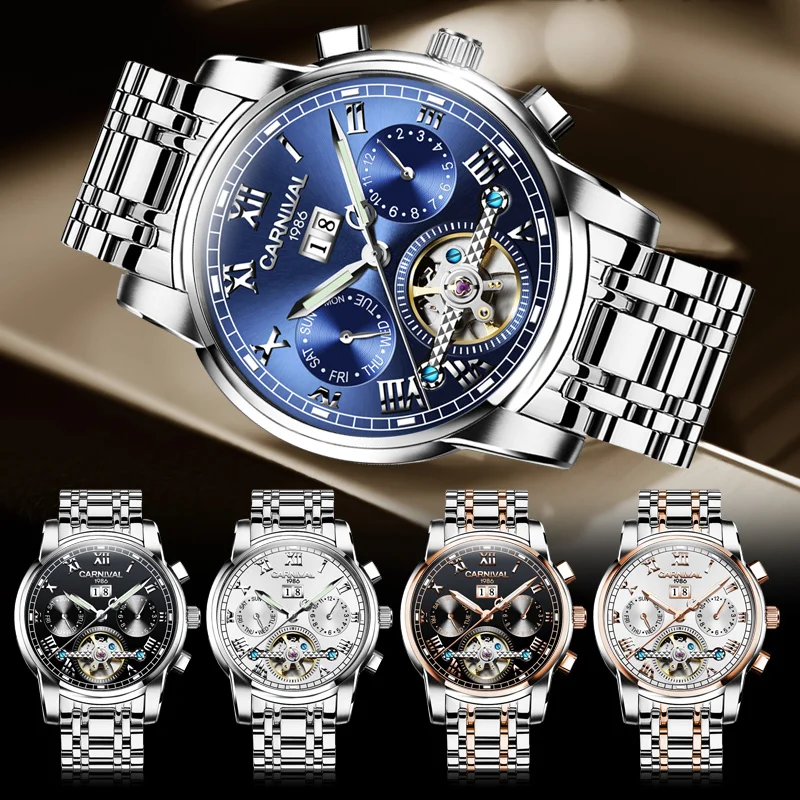 CARNIVAL 2020 New Men\'s Watches Top Brand Luxury Tourbillon Mechanical Watch Men Automatic Calendar Waterproof Relogio Masculino