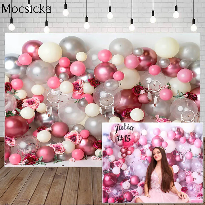 Mocsicka Pink Flowers And Balloons Girls Portrait Photography Backdrop Dreamcatcher Nebworn Children Cake Smash Photo Background