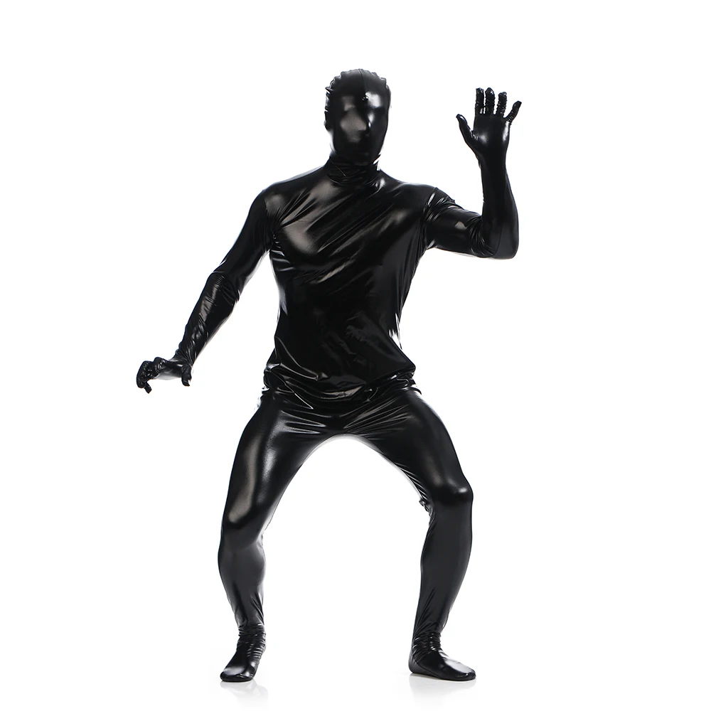 Kostenloser Versand glänzende metallische Zentai Spandex glänzend weiß Herren Unitard Cat suits Metallic Fuß Reiß verschluss Zentai Bodysuit angepasst