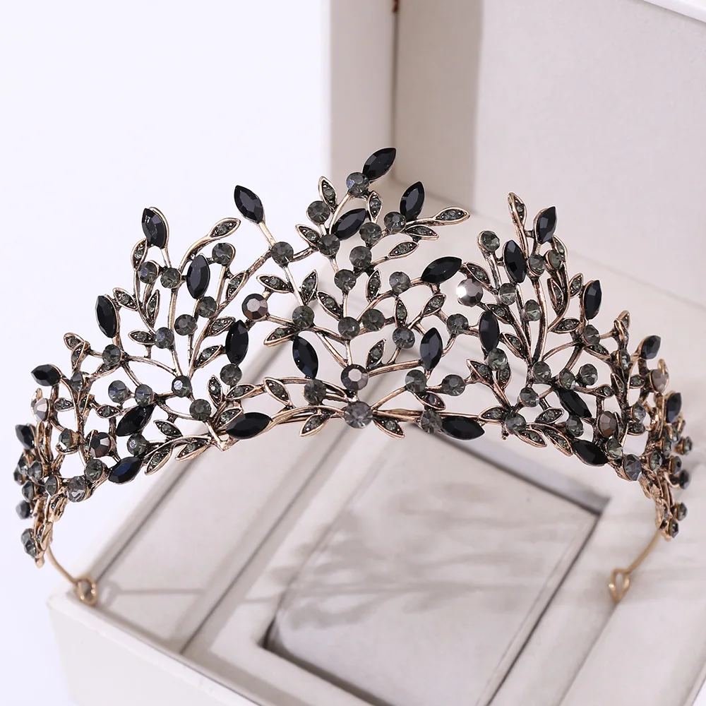 Baroque Vintage Bronze Black Crystal Leaf Bridal Tiaras Crowns Rhinestone Pageant Diadem Bride Headband Wedding Hair Accessories